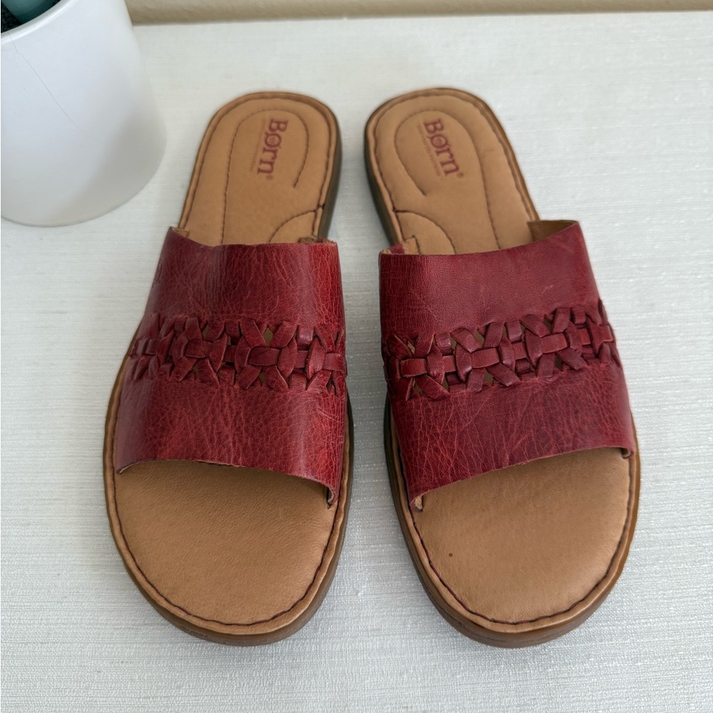 Born Burgundy Leather Woven Slide Sandals - Picture 6 of 13